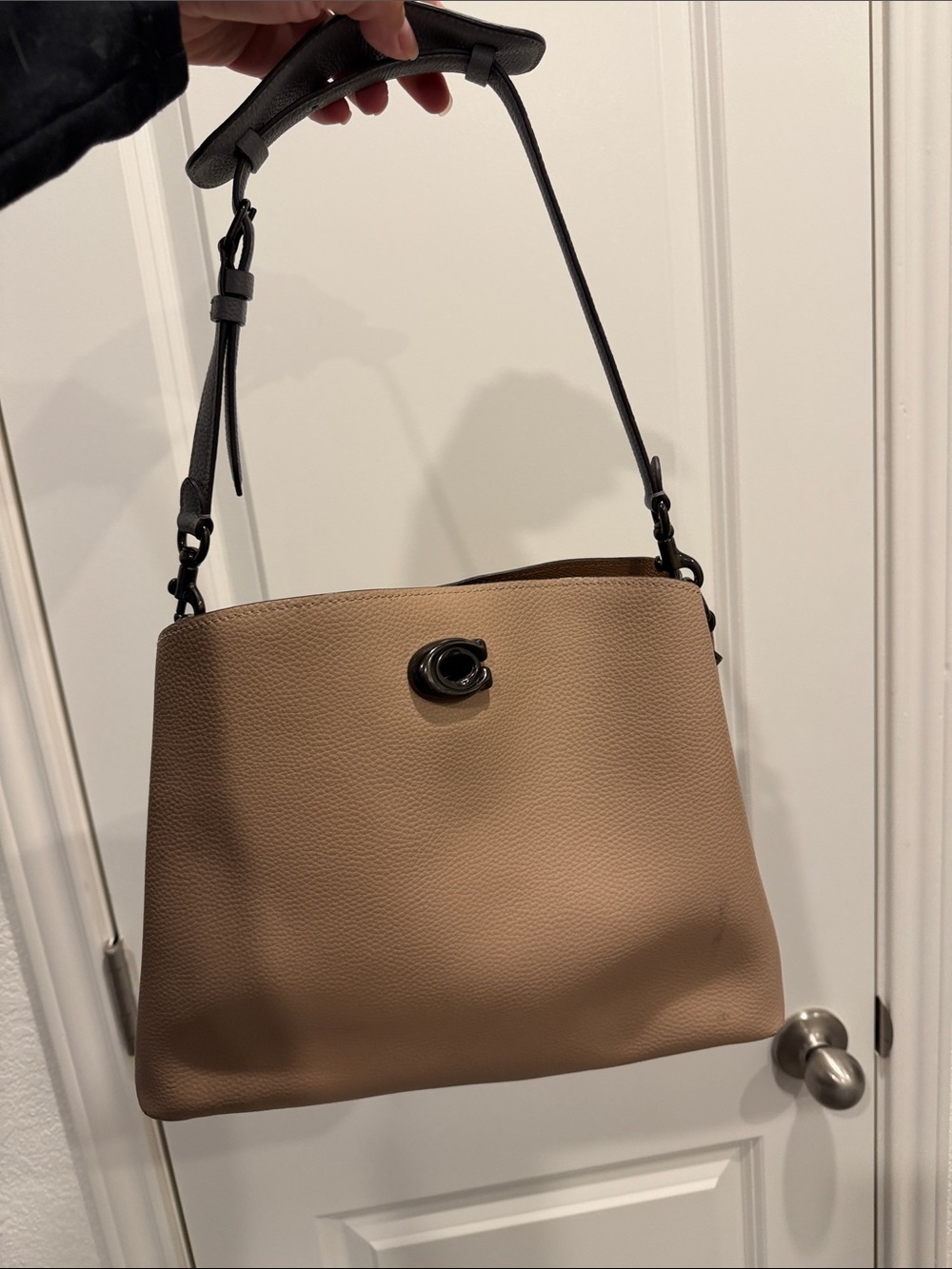 Coach Taupe Leather Shoulder Bag with Black Strap and Turn-Lock